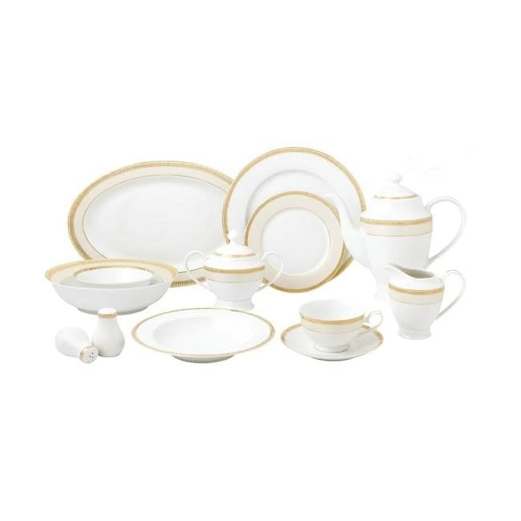 Lorren Home Trends Toffee-57 57 Piece La Luna New Bone China Gold Mix & Match Dinnerware Set, Service for 8