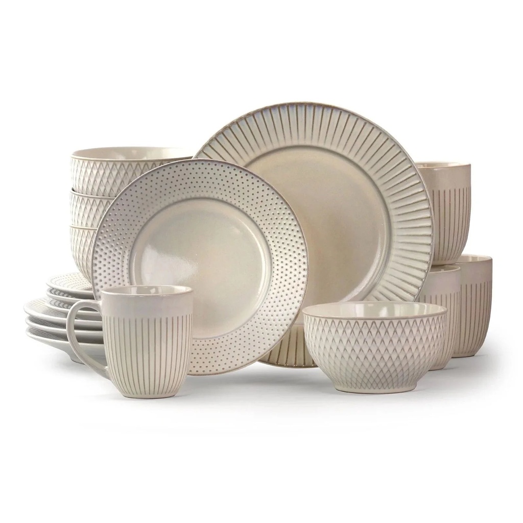 Elama Market Finds 16 Piece round Stoneware Dinnerware Set in Embossed White
