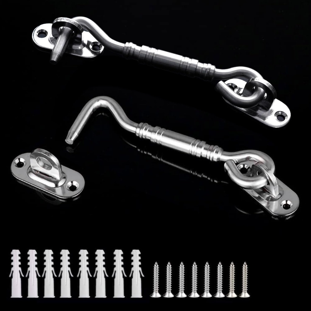 2 Pack Stainless Steel Door Hooks Gate Latches Window Hook with Self-Tapping Screws for Barn Door，Window, Cabin Hooks, Sliding Door, Bedroom, Bathroom (Silver, 4”)