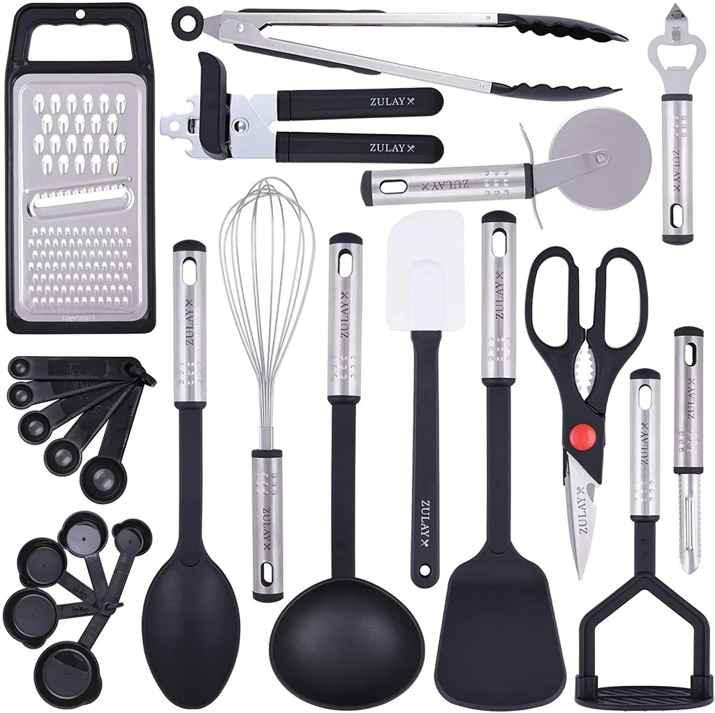 Zulay Kitchen 23 Piece Nylon Kitchen Utensils Nylon & Stainless Steel Non-Stick Cooking Utensils Set