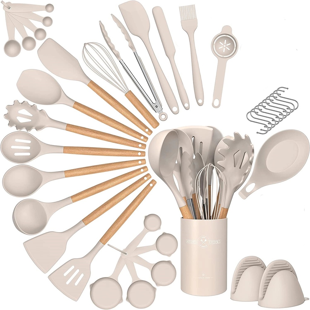 29 Pcs Silicone Cooking Utensils Kitchen Utensil Set - 446°F Heat Resistant,Turner Tongs,Spatula,Spoon,Brush,Whisk. Wooden Handles Khaki Kitchen Gadgets Tools Set for Non-Stick Cookware (BPA Free)