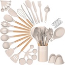29 Pcs Silicone Cooking Utensils Kitchen Utensil Set - 446°F Heat Resistant,Turner Tongs,Spatula,Spoon,Brush,Whisk. Wooden Handles Khaki Kitchen Gadgets Tools Set for Non-Stick Cookware (BPA Free)