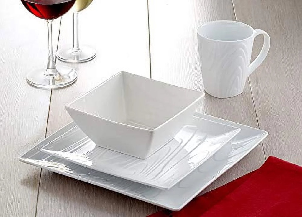 Souelle 32-Piece Fine Porcelain Dinnerware Set | Ivory Woodgrain Design – Microwave and Dishwasher Safe – Service for 8 – Includes Dinner Plates, Salad Plates, Bowls, and Cups