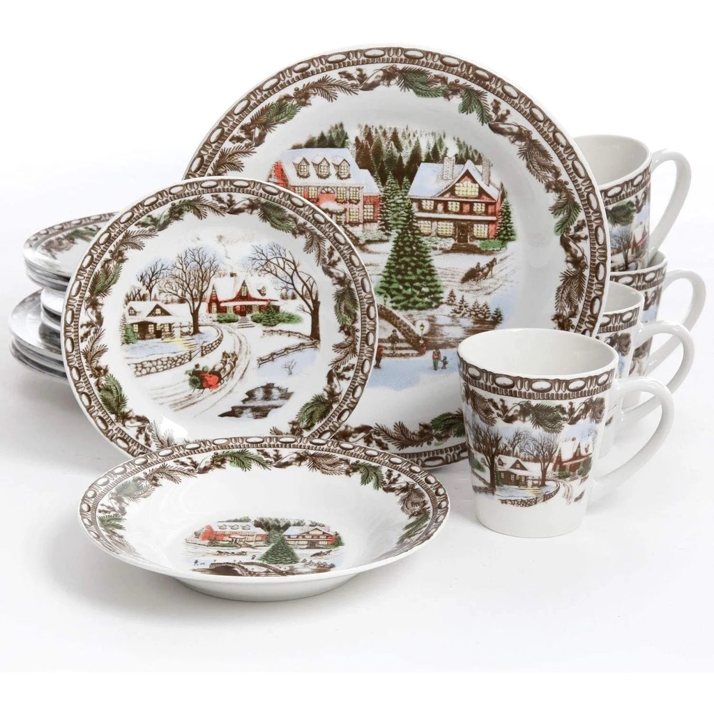 Gibson Home Winter Holiday Toile Stoneware 16-Piece Dinnerware Set, Multicolored