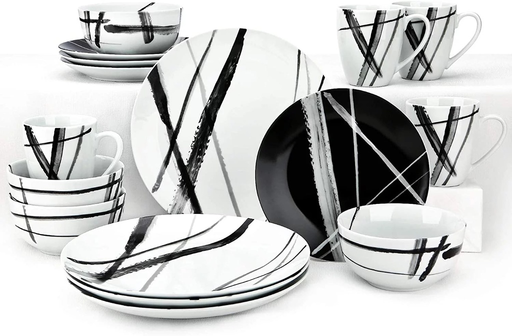 YHZCY 16 Piece round Dinnerware Sets, Black and White Metro Stoneware Dish Sets, Dishwasher Safe Plates and Bowls Sets for 4