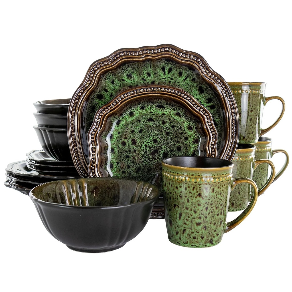Elama 16 Piece Jade Waves Stoneware Dinnerware Set, Green