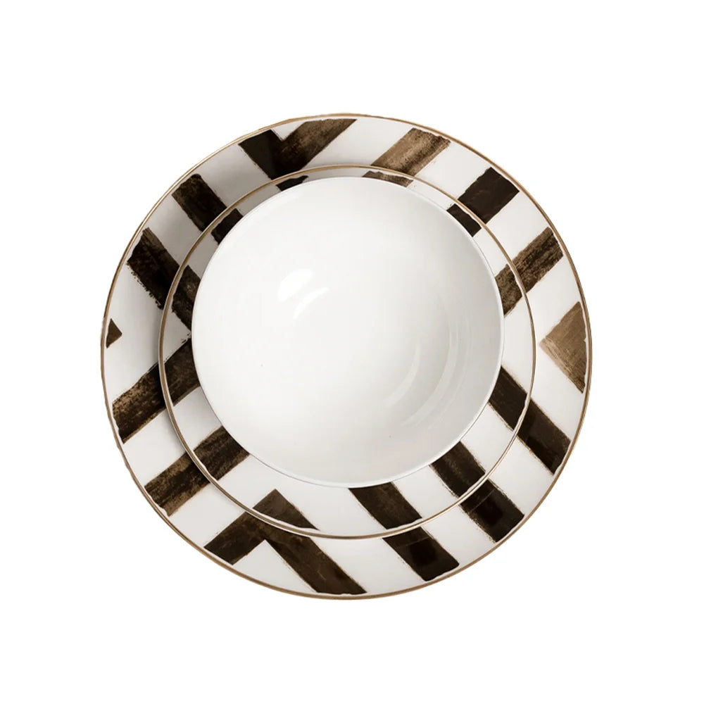 Ozarke Davi Black Crossroad Plates Set, Fine Bone China (Set of 12)