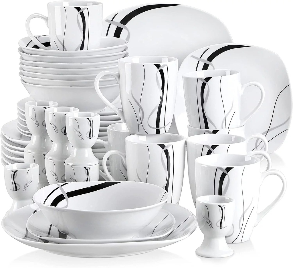 VEWEET, 40 Pieces Dinnerware Sets, Porcelain Dishes Set for 8, Square Black and White Plate Sets, Series Fiona