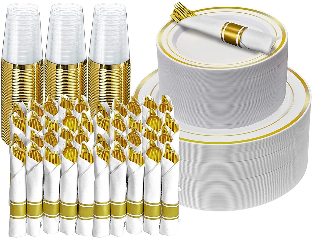 Prestee 350 Piece Gold Dinnerware Set - 50 Guest - Disposable Gold Dinnerware Set - 100 Gold Rim Plastic Plates - 50 Linen Feel Napkins with Spoons, Forks, Knives - 50 Gold (10Oz) Plastic Cups