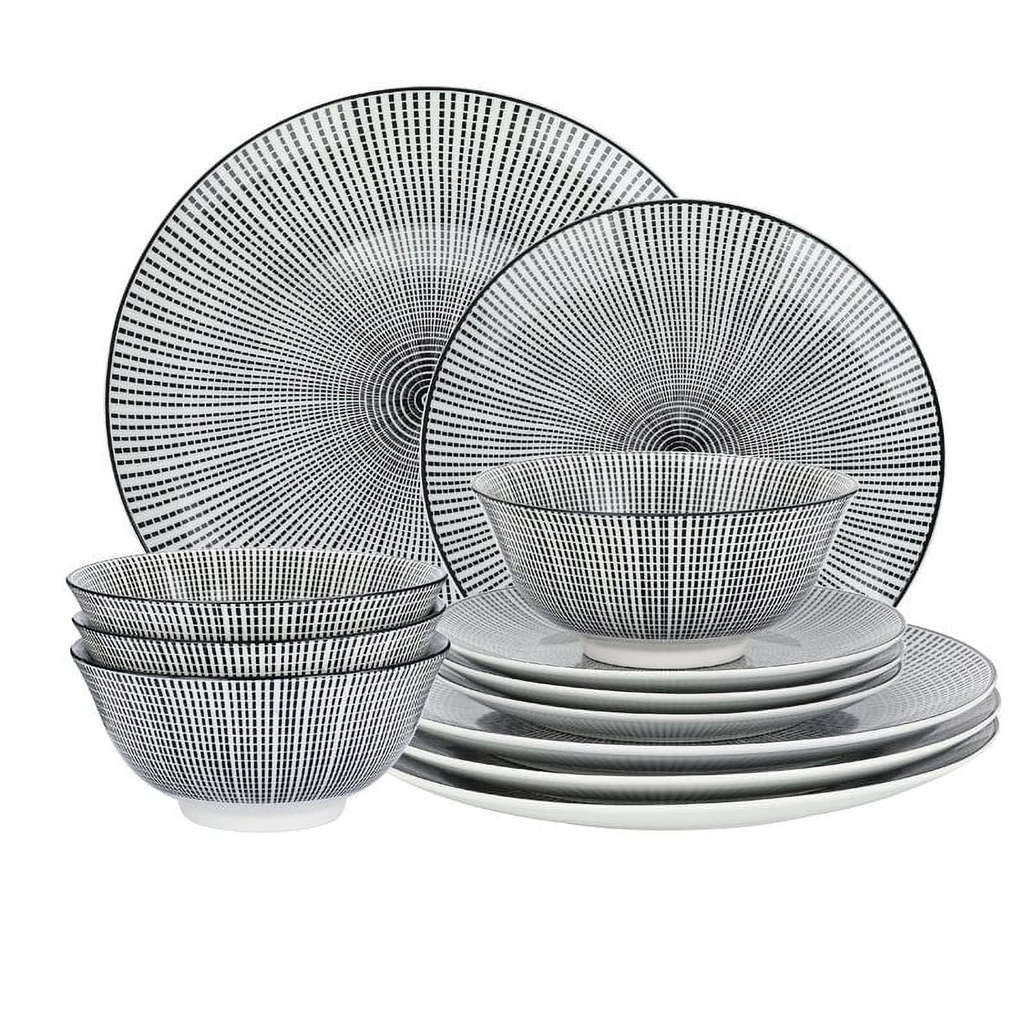 Studio Dinnerware Black and White 12-Piece Pad Printed Dinnerware Set