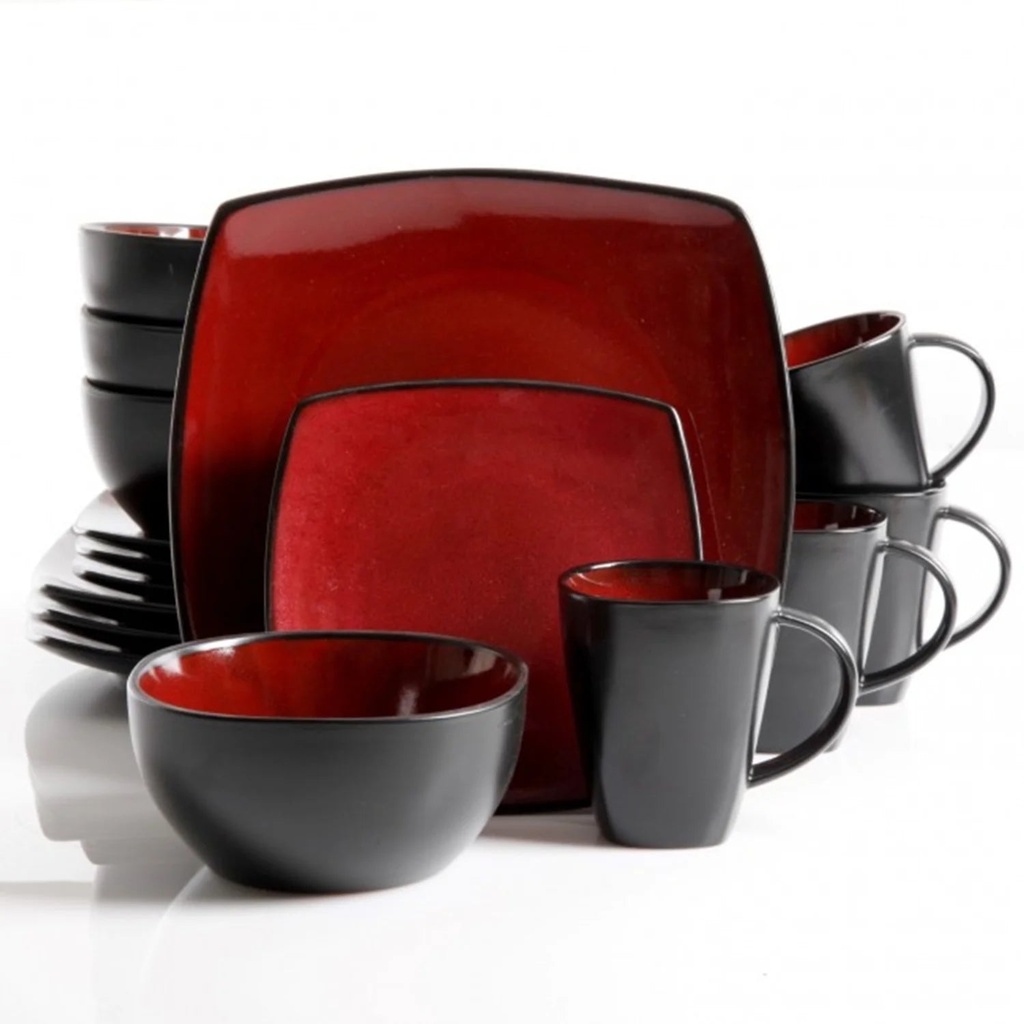 Gibson Elite Soho Lounge 16 Piece Plates, Bowls, & Mugs Dinnerware Set, Burgundy