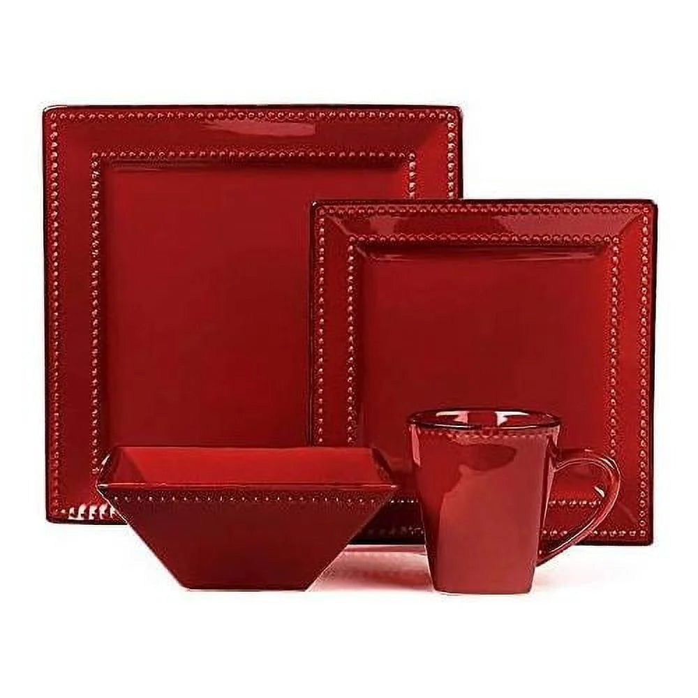 16 Piece Square Beaded Stoneware Dinnerware Set by S, Red