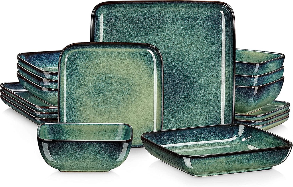Vancasso Stoneware Dinnerware Sets, 16 Piece Square Green Dishes, Service for 4, Series Stern