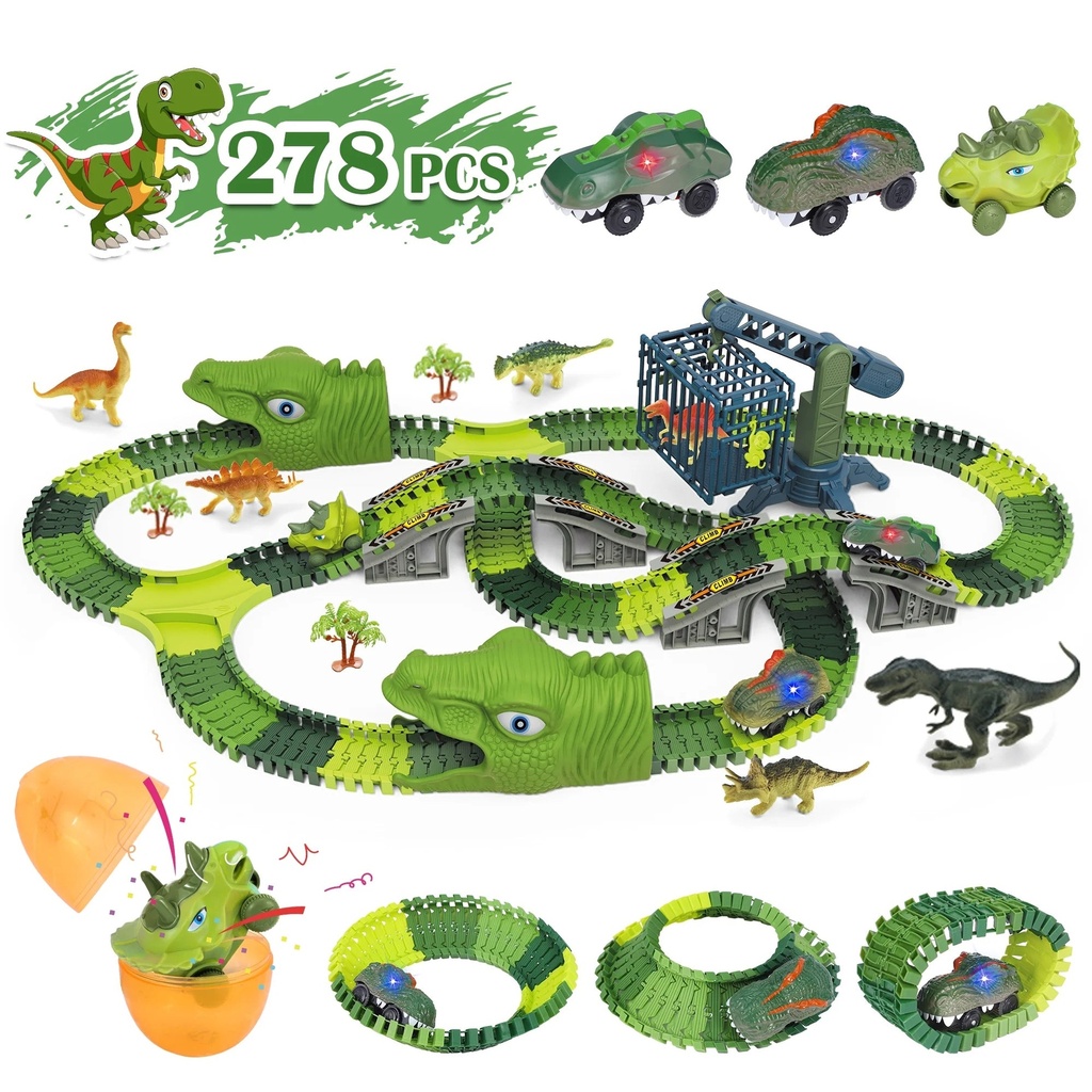 Tcovle Dinosaur Toys for Kids, 278 Pcs Race Car Track Set STEM Vehicle Playsets for Boys Girls Aged 3+ Birthdays Party Gifts