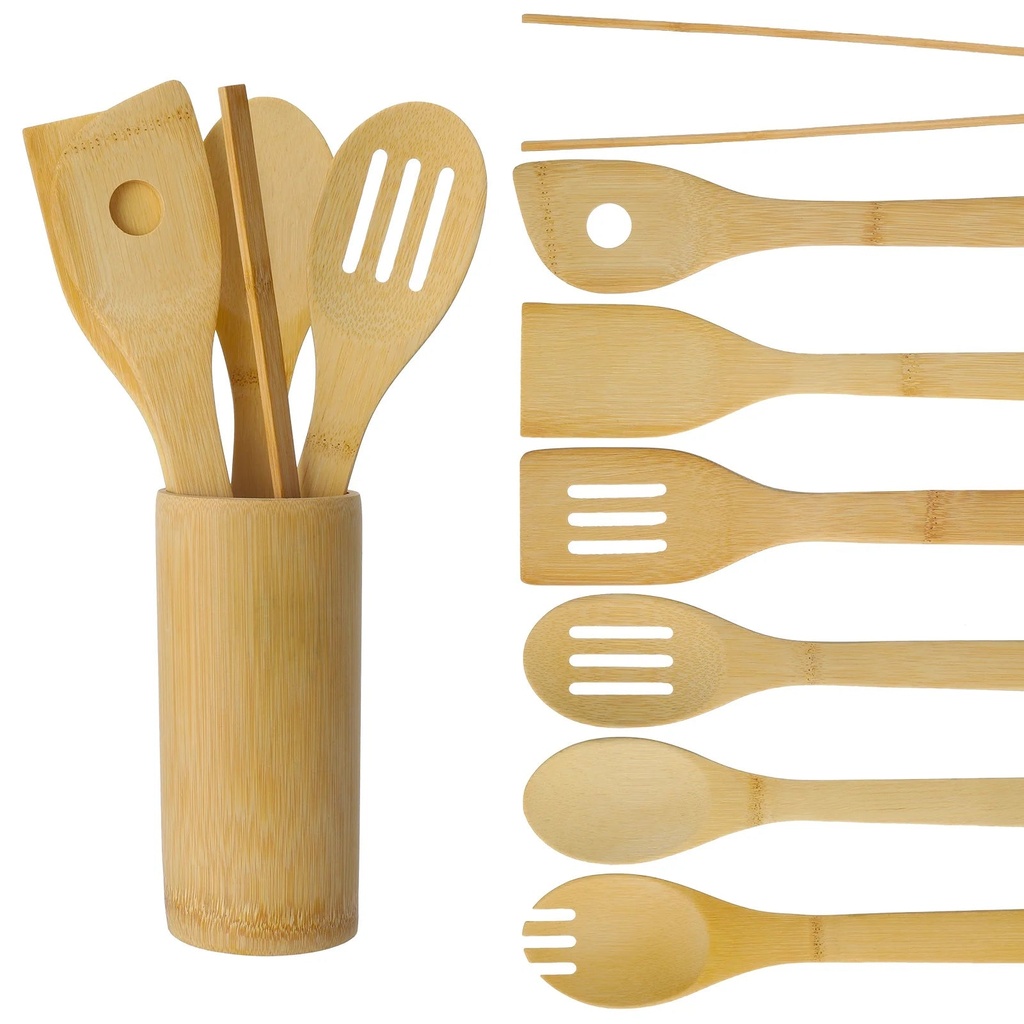 Topekada 8Pcs Wood Kitchen Utensil Set with Holder - Wooden Spoons for Cooking & Spatulas for Nonstick Cookware - Easy to Clean - Great Gift