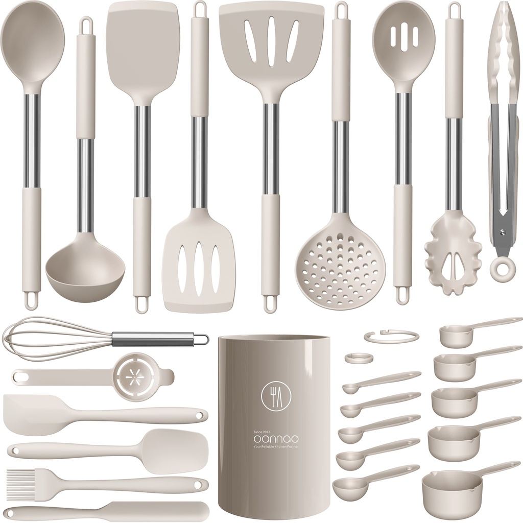 Oannao Silicone Cooking Utensils Set - Heat Resistant Stainless Steel Kitchen Utensils, Baking Tools Kitchen Gadgets,Turner, Tongs,Spatula,Spoon,Brush,Whisk,Non-Stick, Dishwasher Safe,Bpa FREE (Khaki)