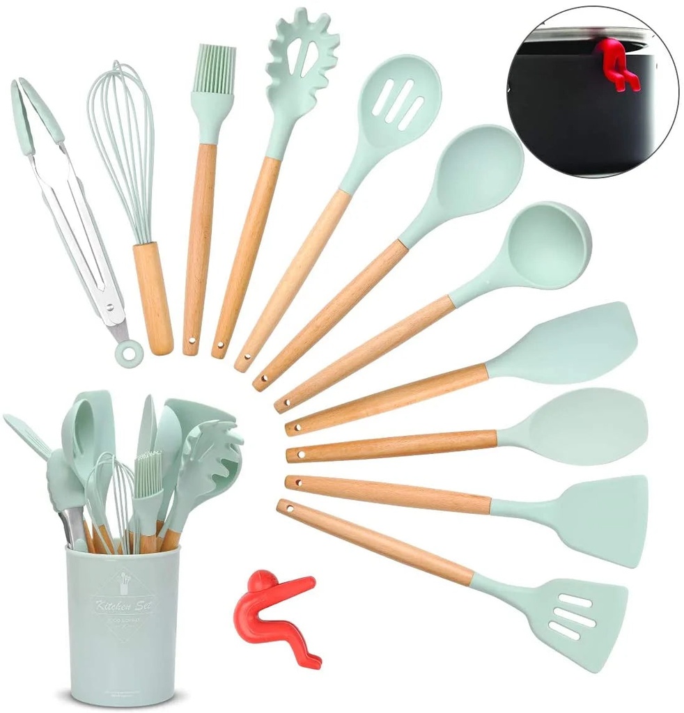 13 Piece Silicone Kitchen Utensil Set Heat Resistant Kitchen Gadgets with anti Spill Tool (Green)