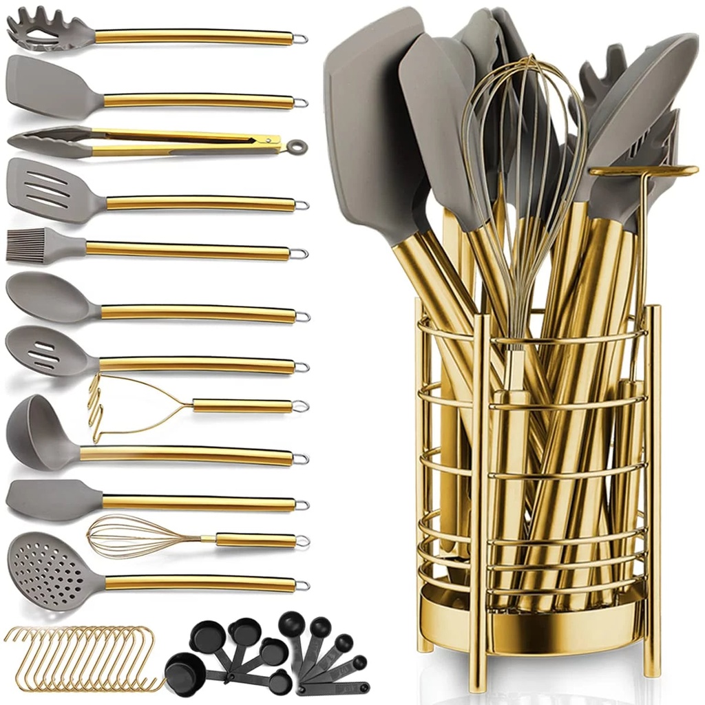 Reanea Gold 38 Pieces Silicone Kitchen Utensils Set with Sturdy Stainless Steel Utensil Holder