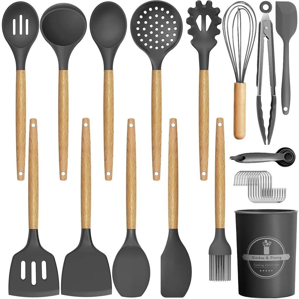 29 Pcs Silicone Kitchen Utensil Set, Cooking Utensils Set, Food Grade Silicone Spatula Set, Bpa-Free, 446°F Heat Resistant Kitchen Gadgets Tools Set with Wooden Handle for Non-Stick Cookware, Gray
