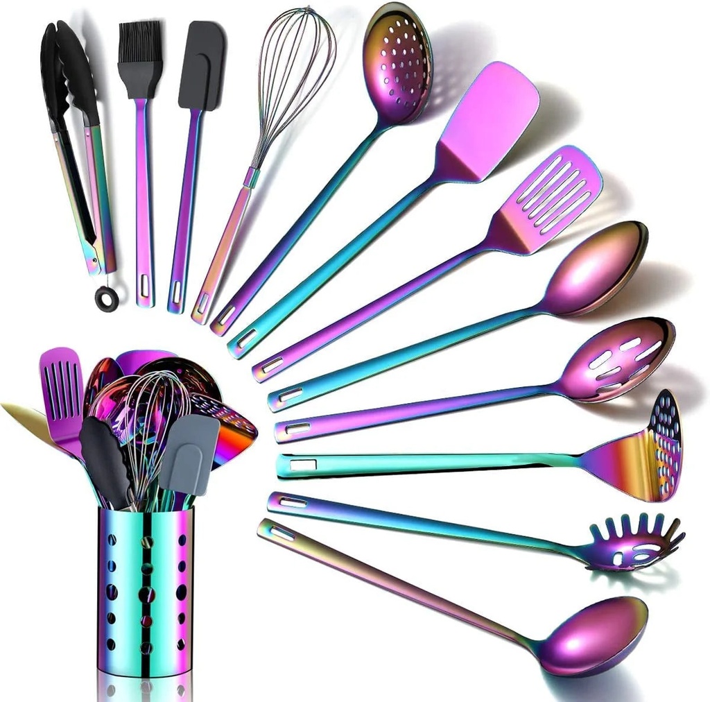 Just Houseware Rainbow Kitchen Utensils Set, 13-Piece Stainless Steel Cooking Utensils Set, Rainbow Cookware Kitchen Set with Utensil Holder for Non-Stick
