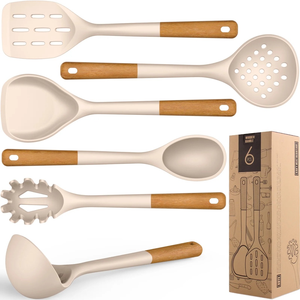 Large Silicone Cooking Utensils - Heat Resistant Kitchen Utensil Set with Wooden Handles, Spatula,Turner, Slotted Spoon, Pasta Server, Kitchen Gadgets Tools Sets for Non-Stick Cookware (Khaki)
