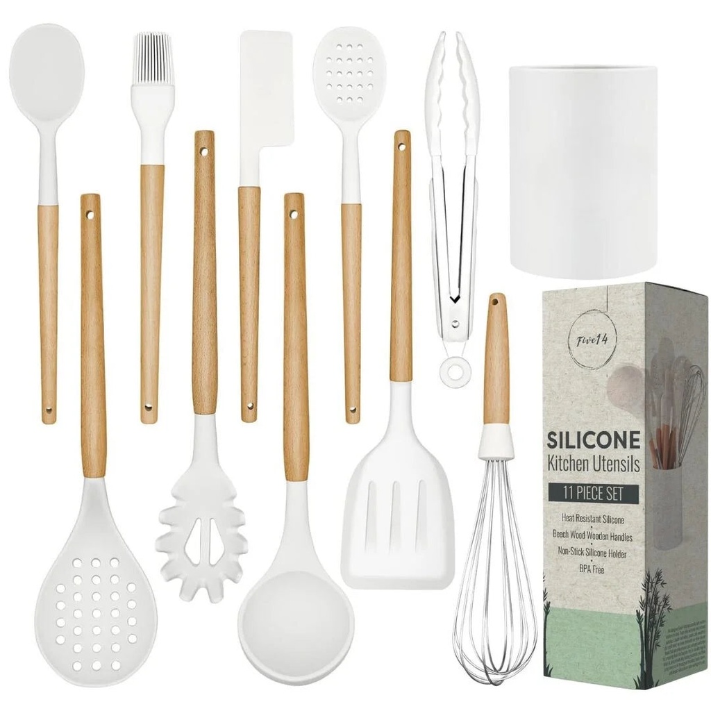 11-Piece White Silicone Kitchen Utensils Set with Wooden Handles and Holder - Bpa-Free, Heat Resistant Cooking Tools for Nonstick Cookware by Five14 | Premium Baking Supplies