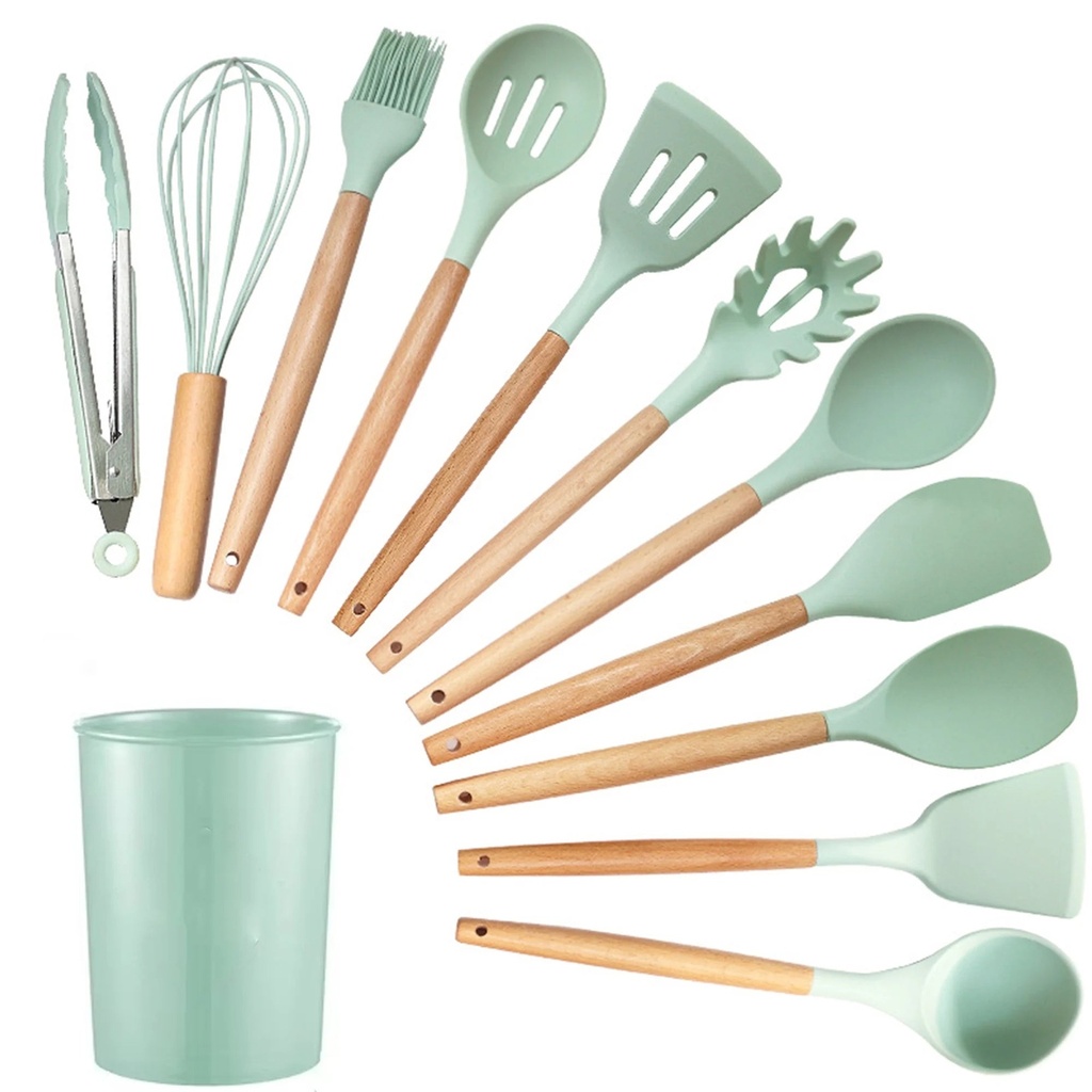 SOONHUA 12 Pieces Silicone Kitchen Utensils Set, Kitchen Cooking Spatula Sets with Holder for Cookware Heat Resistant Spoons, Turners,Tongs, Whisk, Basting Brush, Green