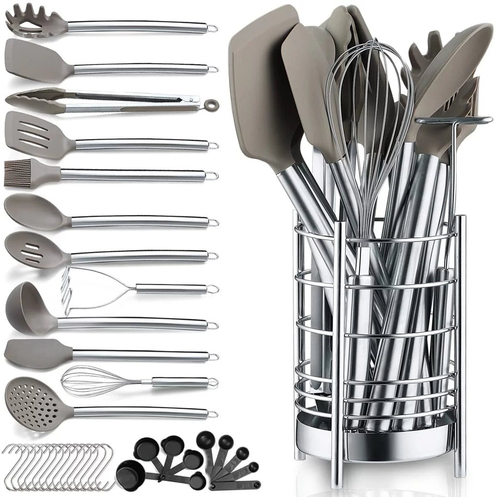 Reanea Silver 38 Pieces Silicone Kitchen Utensils Set with Sturdy Stainless Steel Utensil Holder