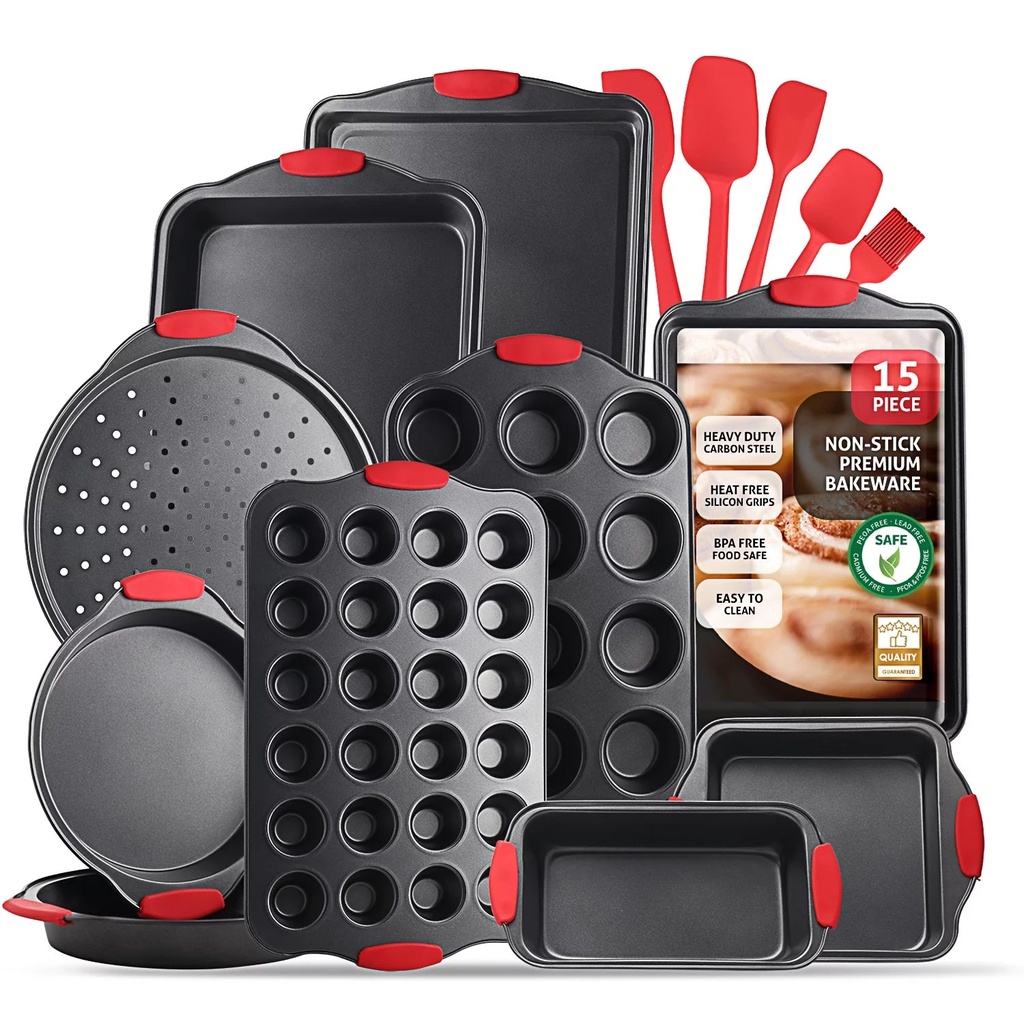 Virtu Nonstick Bakeware Set - 15 PC Baking Pan Tray Set with Silicone Handles & Utensils, Baking Sheet, Carbon Steel Cookie Sheets, Baking Dish, Baking Pans, Black
