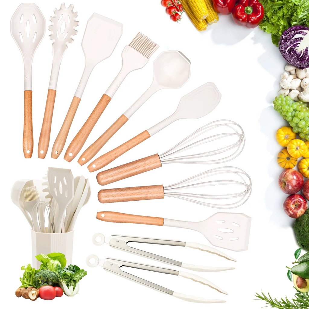 VAVSEA Silicone Cooking Utensils Set, 12Pcs Heat Resistant Kitchen Utensil Gadgets Tools Set for Nonstick Cookware, Safe BPA Free Silcone, Khaki