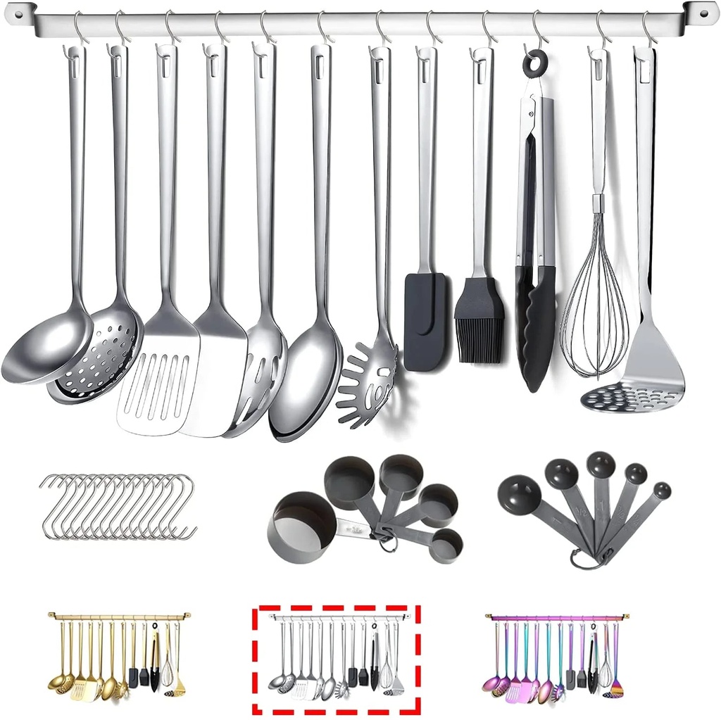 Reanea Cooking Utensils Set Stainless Steel 37 Pieces Kitchen Utensils Set Kitchen Tool Gadgets with Hooks for Hanging