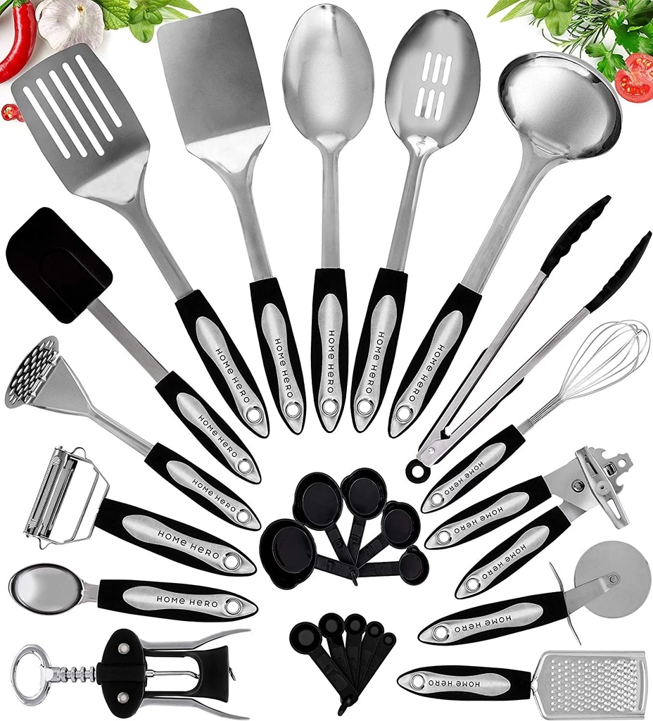 Home Hero - Kitchen Utensils - Stainless Steel Cooking Utensils Set - Nonstick Cookware Set - Dishwasher Safe - 25 Pcs, Silver