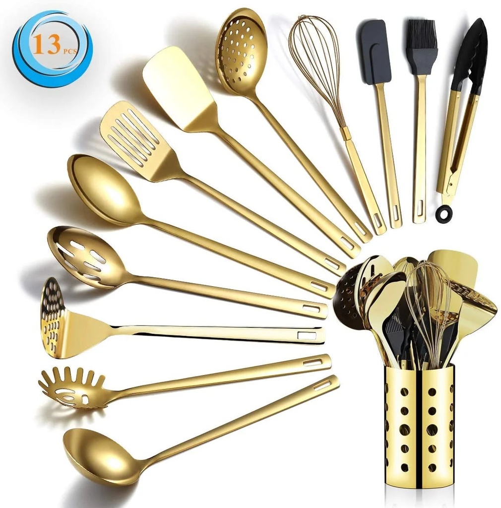 Reanea 13 Pieces Gold Cooking Utensils Set, Stainless Steel Kitchen Utensils Set with Utensil Holder