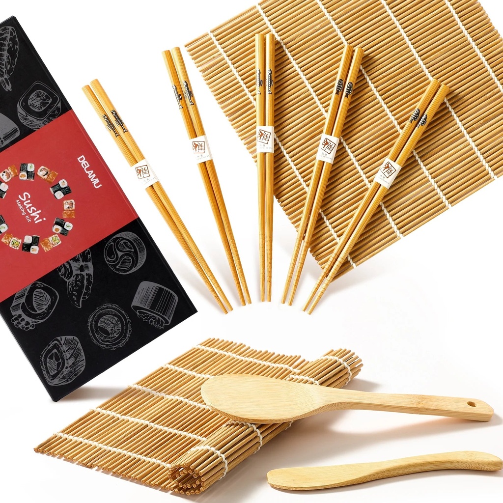 Sushi Making Kit, Delamu Sushi Roller for Beginner Chefs, Reusable Bamboo Sushi Rolling Mats, Chopsticks, Paddle, Spreader