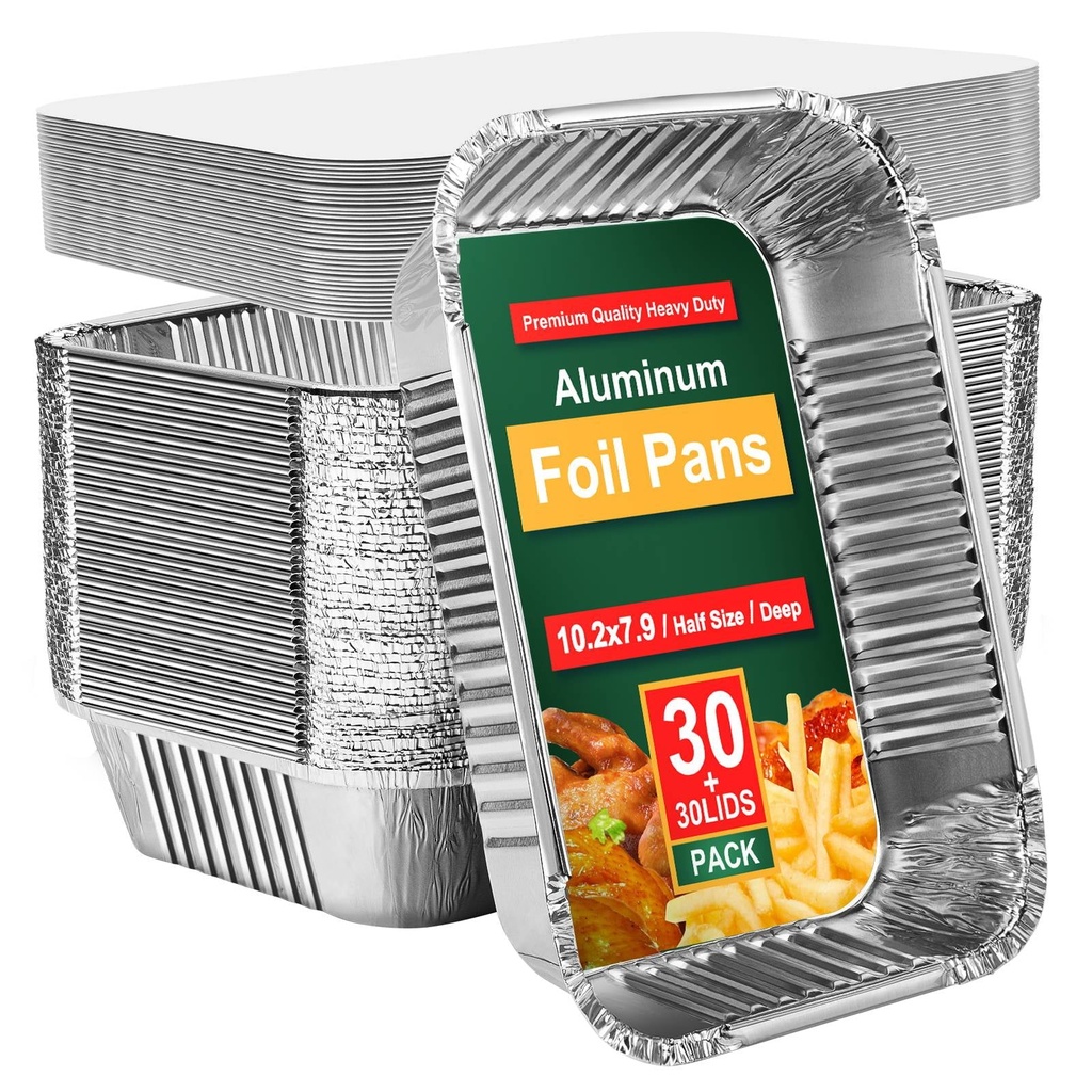 Aluminum Pans Disposable Foil (30 Pack) - Half Size Steam Table Deep Pans - Tin Pans Great for Cooking, Heating, Storing, Prepping Food