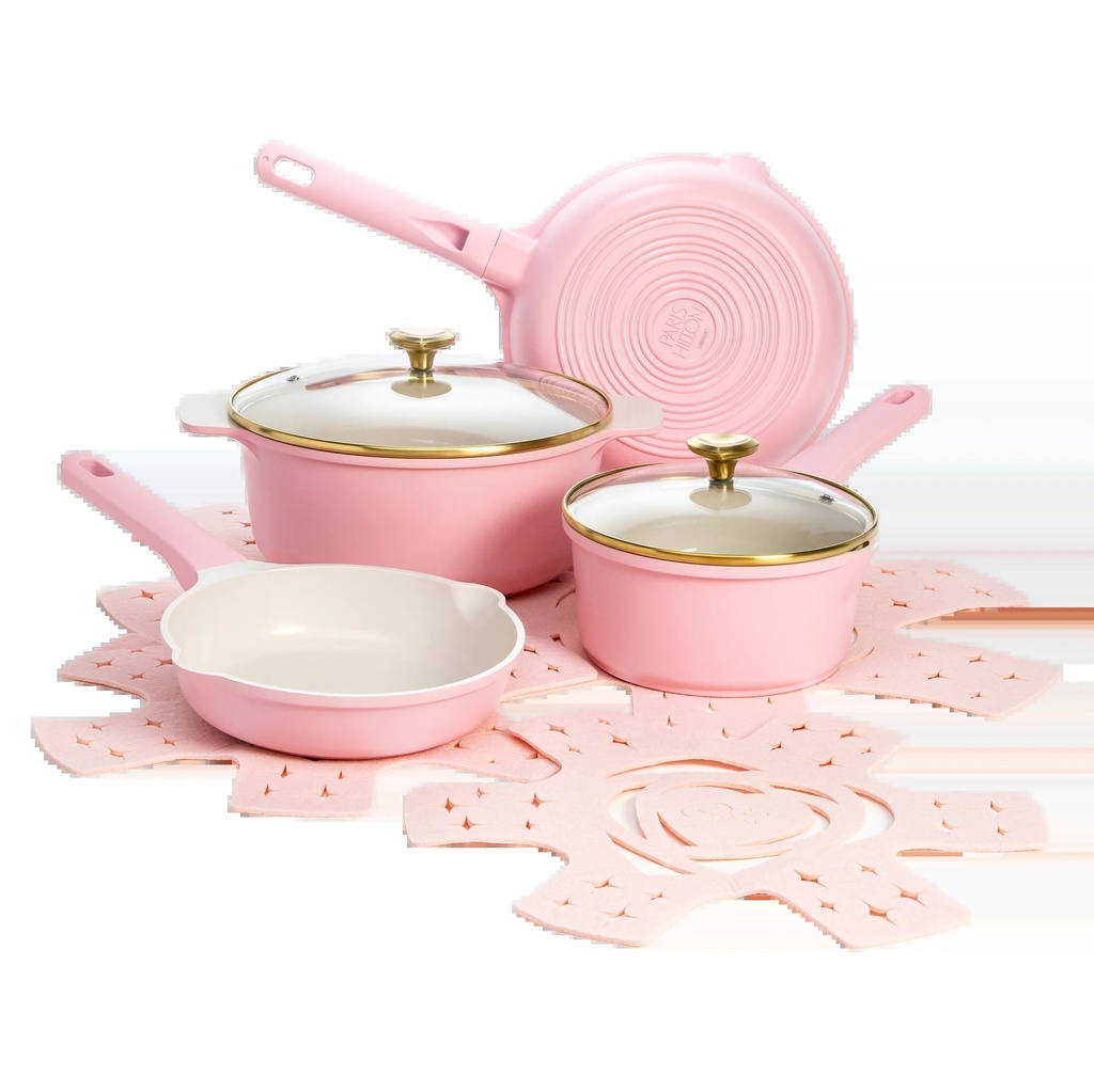 Paris Hilton Clean Ceramic Nonstick Cast Aluminum Cookware Set with Heart Shaped Lid Knobs, Pink