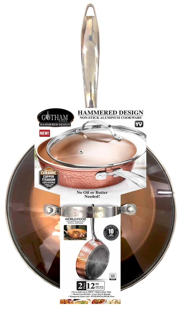 Gotham Steel Hammered 12 Inch, Non-Stick Frying Pan with Lid, Ceramic Cookware, Skillet, Premium, PFOA Free, Dishwasher Safe, Copper