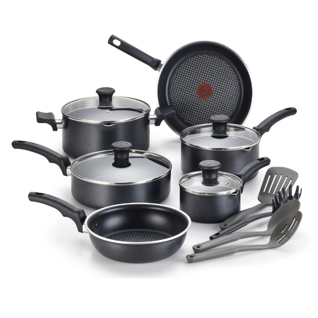 T-Fal Cook & Strain Nonstick Cookware Set, 14 Piece Set, Black, Dishwasher Safe