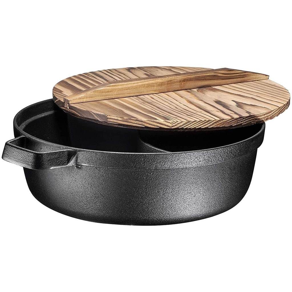Bruntmor | Pre-Seasoned 2-In-1 Cast Iron Shabu Shabu Hot Pot with Wooden Lid, Heavy Duty 5 Quart Dutch Oven Skillet and Lid Set