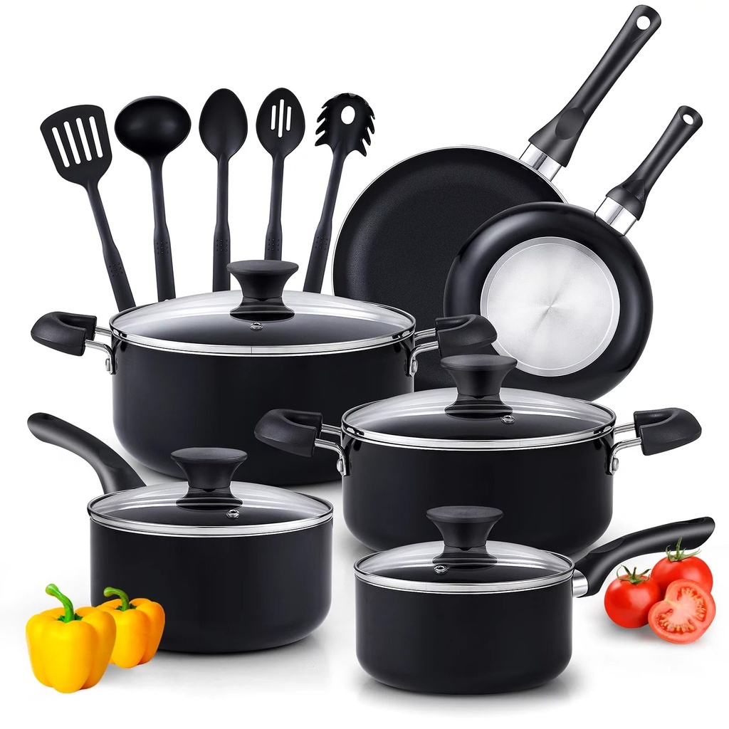 Cook N Home Pots and Pans Nonstick Cooking Set Includes Saucepan Frying Pan Kitchen Cookware 15-Piece, Stay Cool Handle, Black