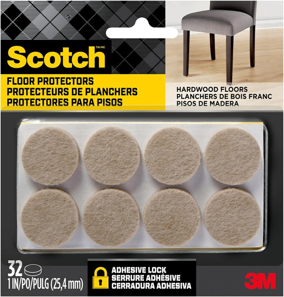 Scotch Felt Pads 32 PCS Beige, Felt Furniture Pads for Protecting Hardwood Floors, 1" Round, Easy-To-Apply, Self-Stick Design, Reliable Protection from Nicks, Dents and Scratches (SP802-NA)