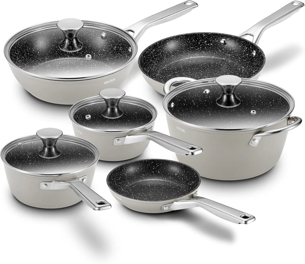 Pots and Pans Set Nonstick, Induction Cookware Sets 10 Piece, Compatible with All Stoves, Dishwasher Safe Kitchen Cooking Pan Set with Frying Pans, Saucepans & Stockpot, Grey
