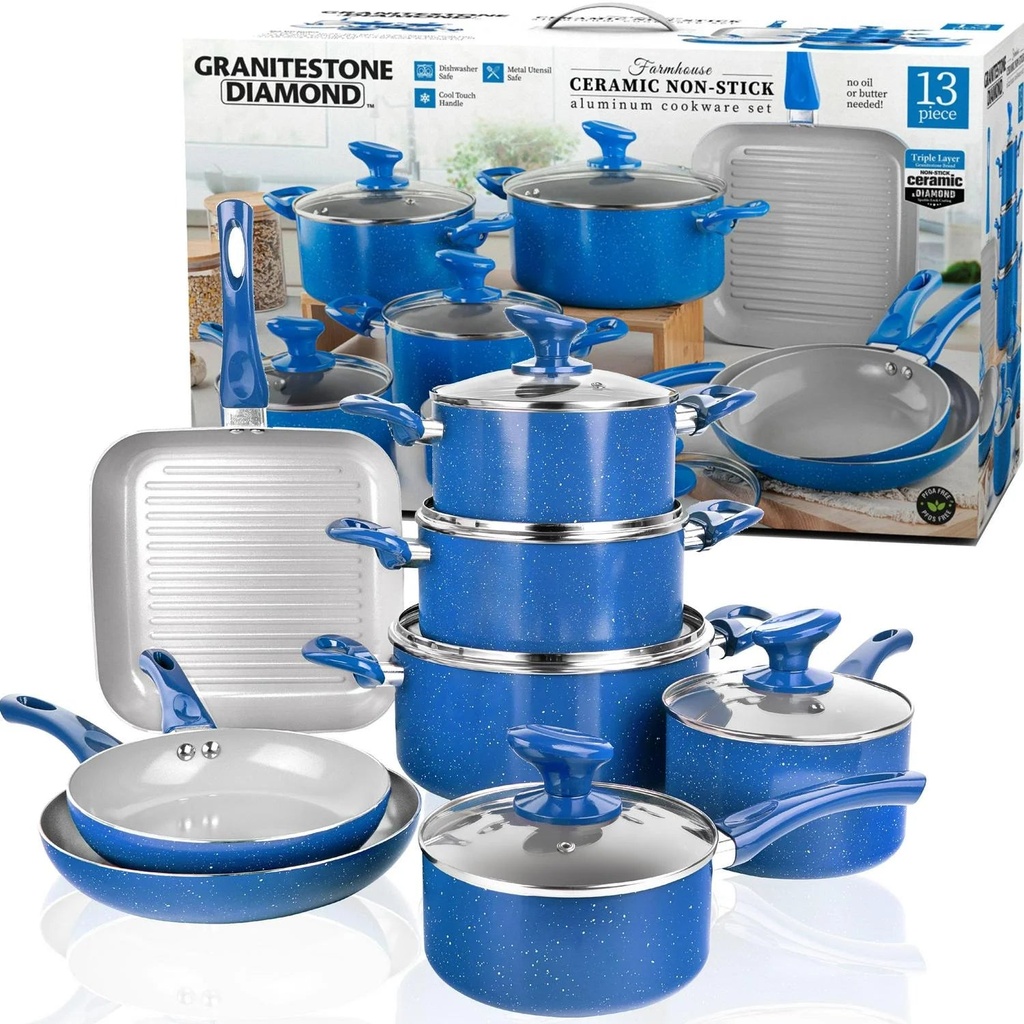 Granitestone Nonstick Pots and Pans 13 Piece Set Kitchen Cookware Set Ceramic Cooking Frying Skillet Sauce Pans Lids Blue