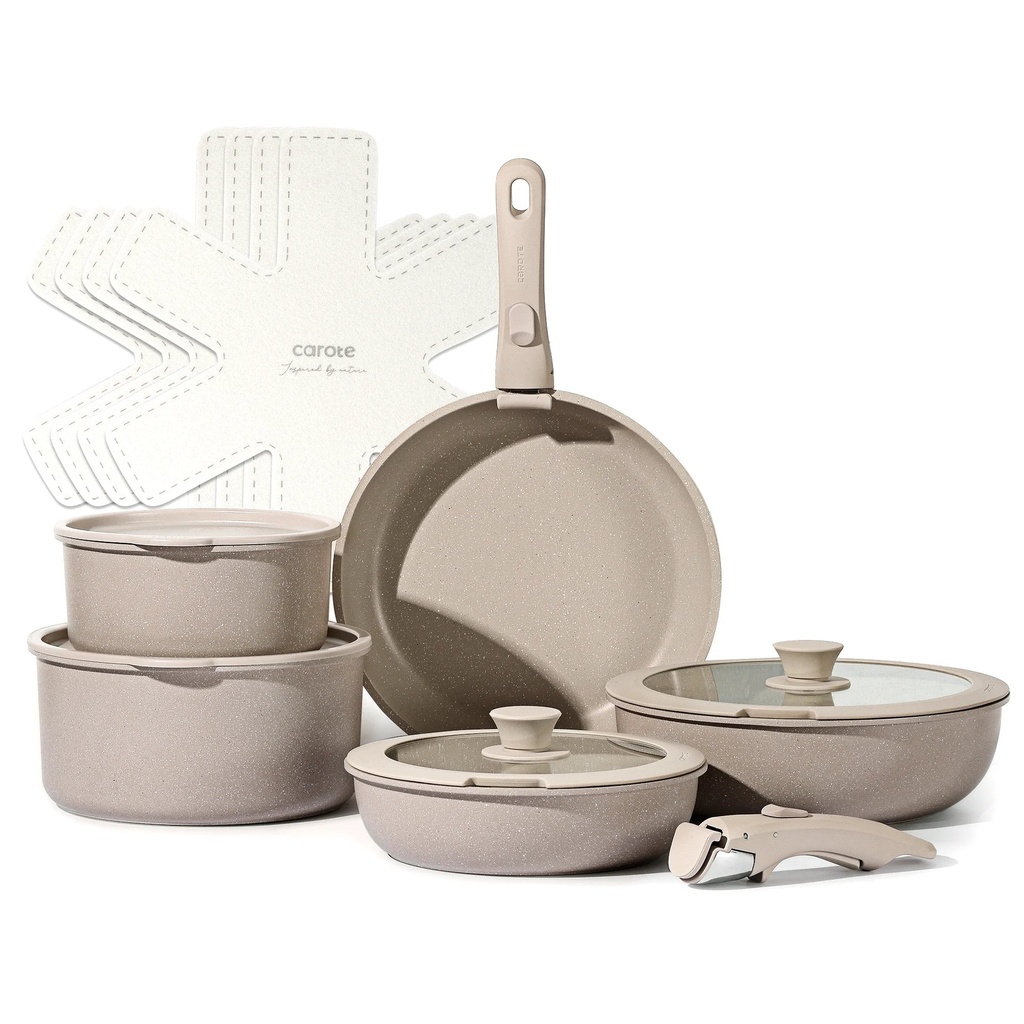 Carote Nonstick Cookware Sets, 15 Pcs Granite Non Stick Pots and Pans Set with Removable Handle(Taupe)