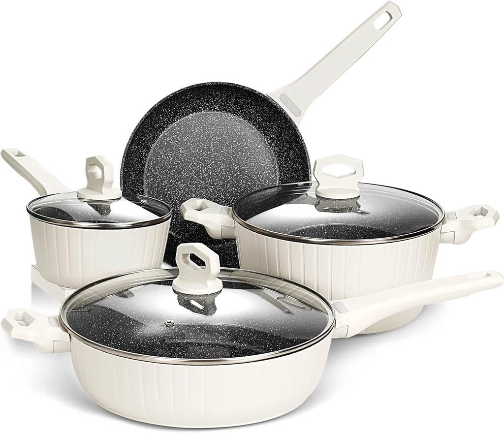 Pots and Pans Set Non-Stick , Granite Induction Kitchen Cookware Sets (7 Pcs ), White and Black Cooking Set W/Frying Pans Set & Saucepan & Casseroles (PFOA PFOS Free Non-Toxic )
