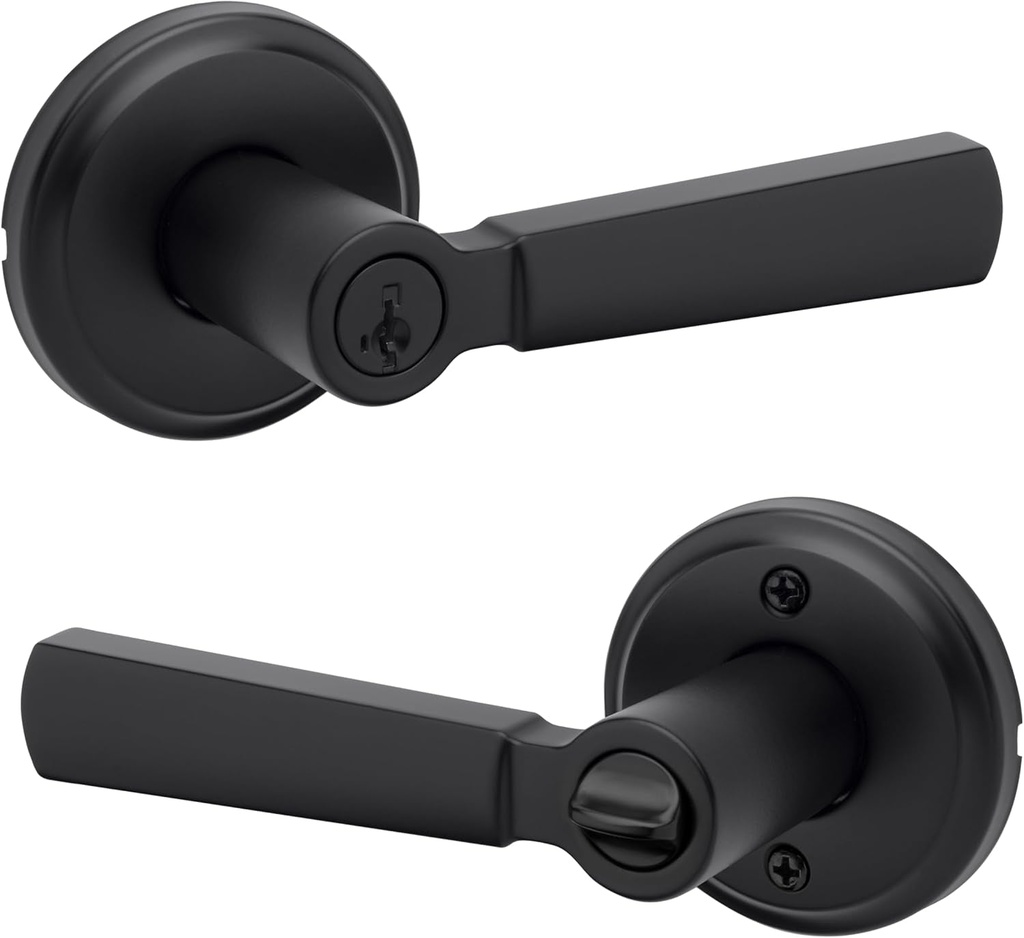 Kwikset Perth Entry Door Handle with Lock and Key, Secure Keyed Reversible Lever Exterior, for Front Entrance and Bedrooms, Matte Black, Pick Resistant Smartkey Rekey Security and Microban