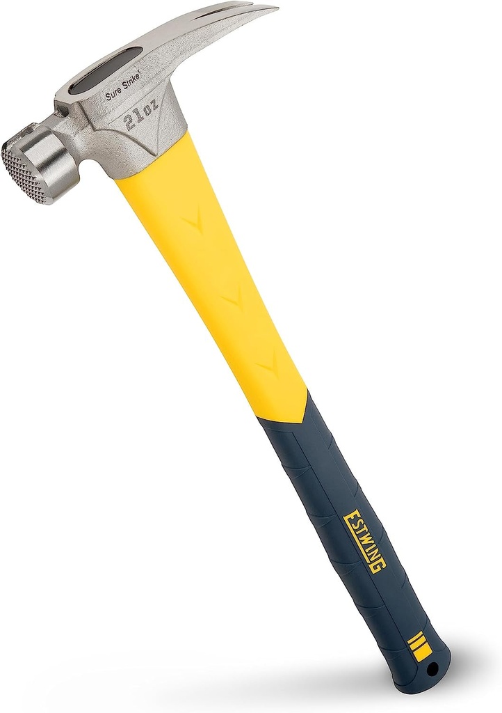 ESTWING Sure Strike Hammer - 21 Oz Rip Claw Hammer with Milled Face & Fiberglass Handle - MRF21LM