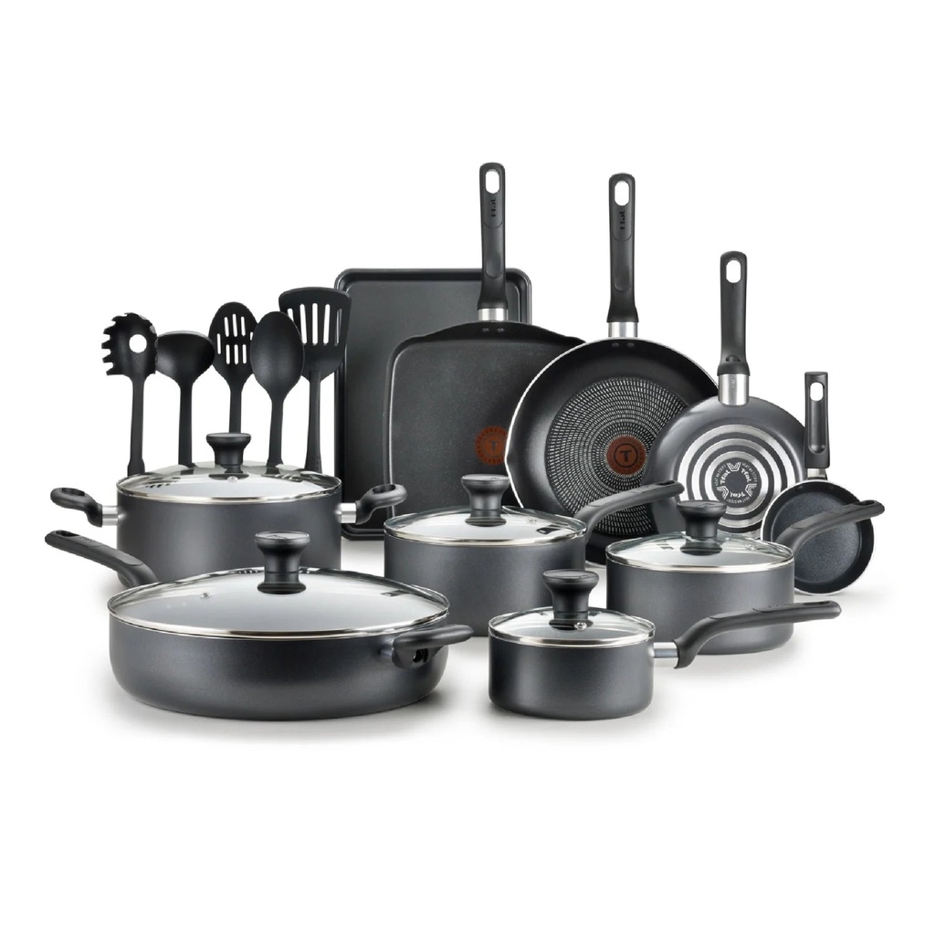 T-Fal Easy Care, 20 Piece Non-Stick Pots and Pans Cookware Set, Grey