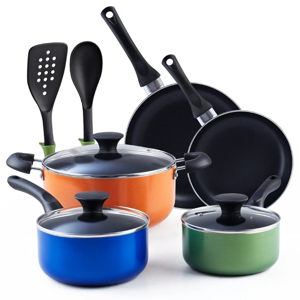 Cook N Home Colorful Pots and Pans Set Non Stick, 10-Piece Small Cookware RV Pots and Pans Set for Camper, Stay Cool Handle, Suitable for the First Apartment, Multicolor
