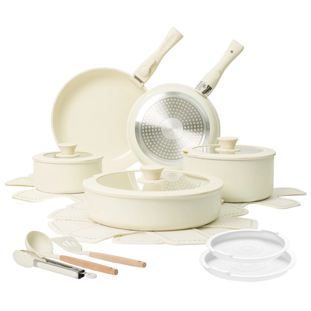 Chef Power 19Pcs Pots and Pans Set, Nonstick Cookware Set, Ceramic Pan, Detachable Handle, RV Cookware Set, Induction Pan, Dishwasher, Oven Safe, Cream White